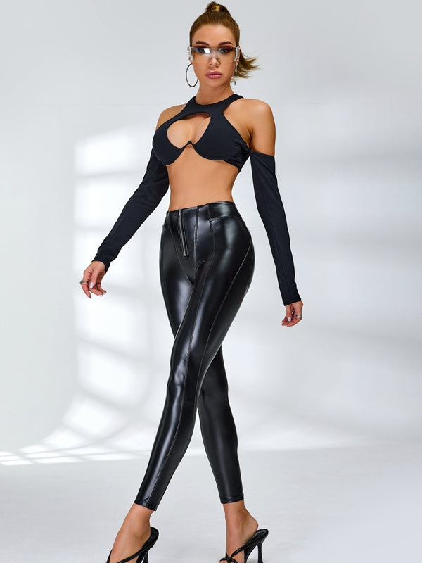 ❤ZASUWA Female Fly-Eye Faux Leather Push-Up Zipper Hip-lift Hollow Out Breathable Tracksuit